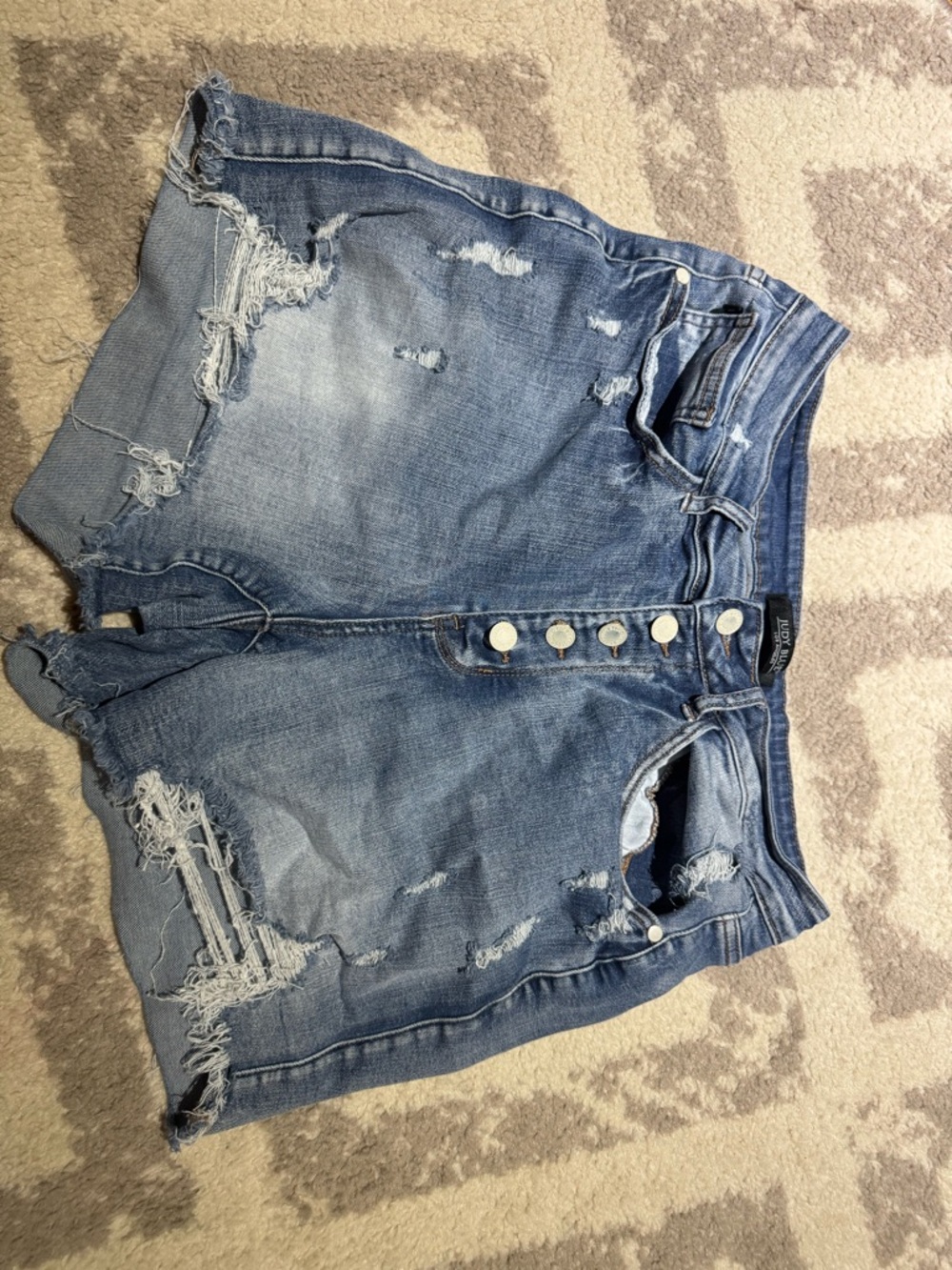 Judy Blue Distressed Button Fly Medium Blue High-Rise Denim Shorts